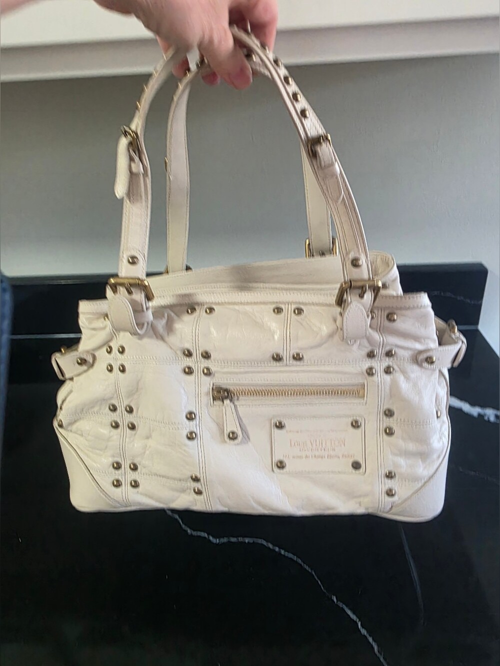 Louis Vuitton White Leather Tote with Brass Stud Accents